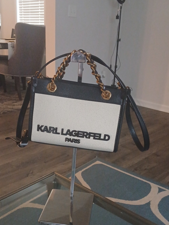 Karl Lagerfeld Handbags - Karl Lagerfeld Black & Cream Canvas Satchel with Gold Chain Handles